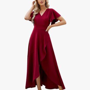 ZZV Split Elegant V Neck Wrap Ruffle Wedding Guest Dresses (Burgundy, XL)
